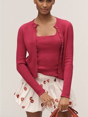 NEW Maeve Ribbed Crew-Neck Cardigan Sweater In Raspberry Size L